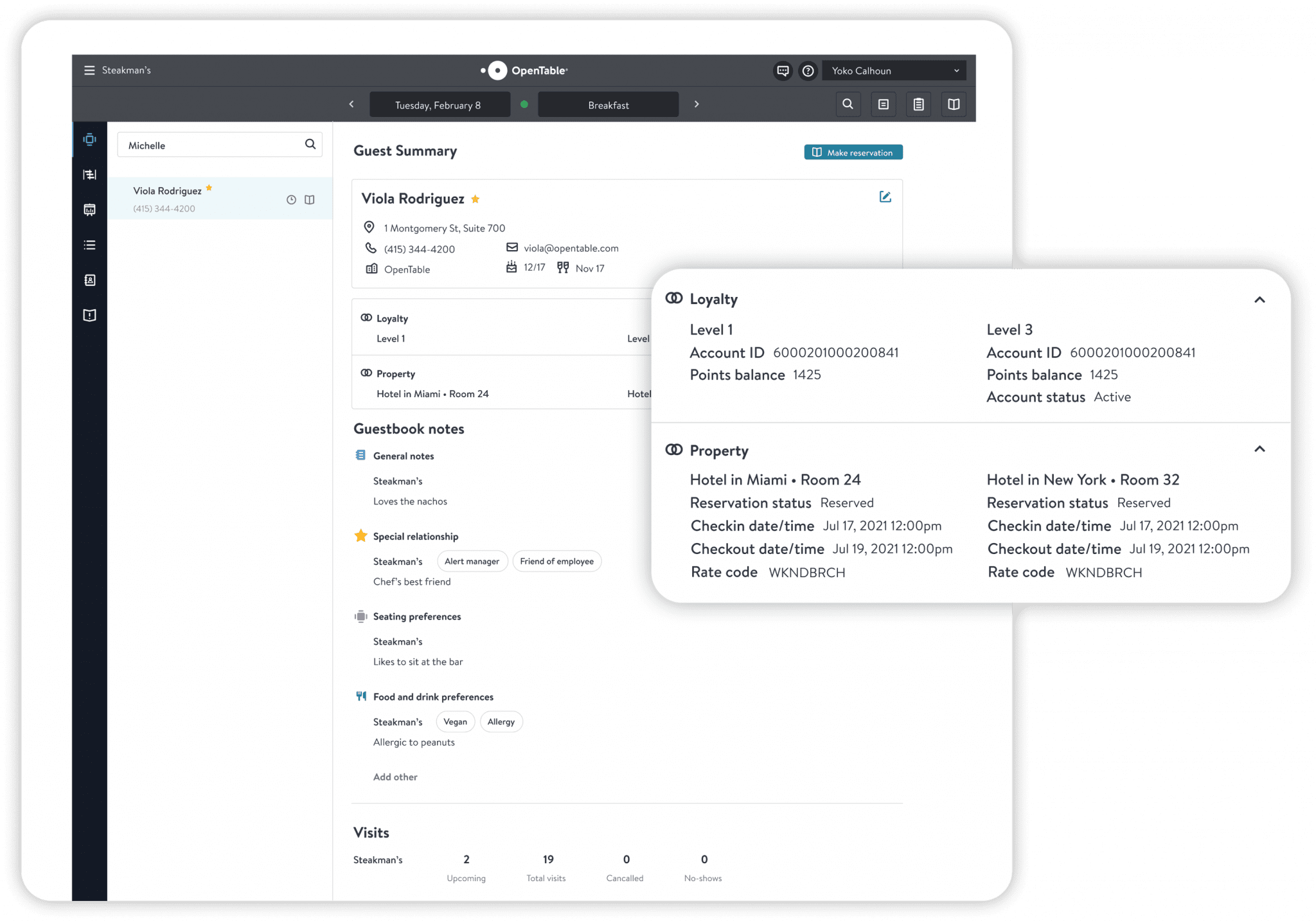 OpenTable dashboard with hotel loyalty details